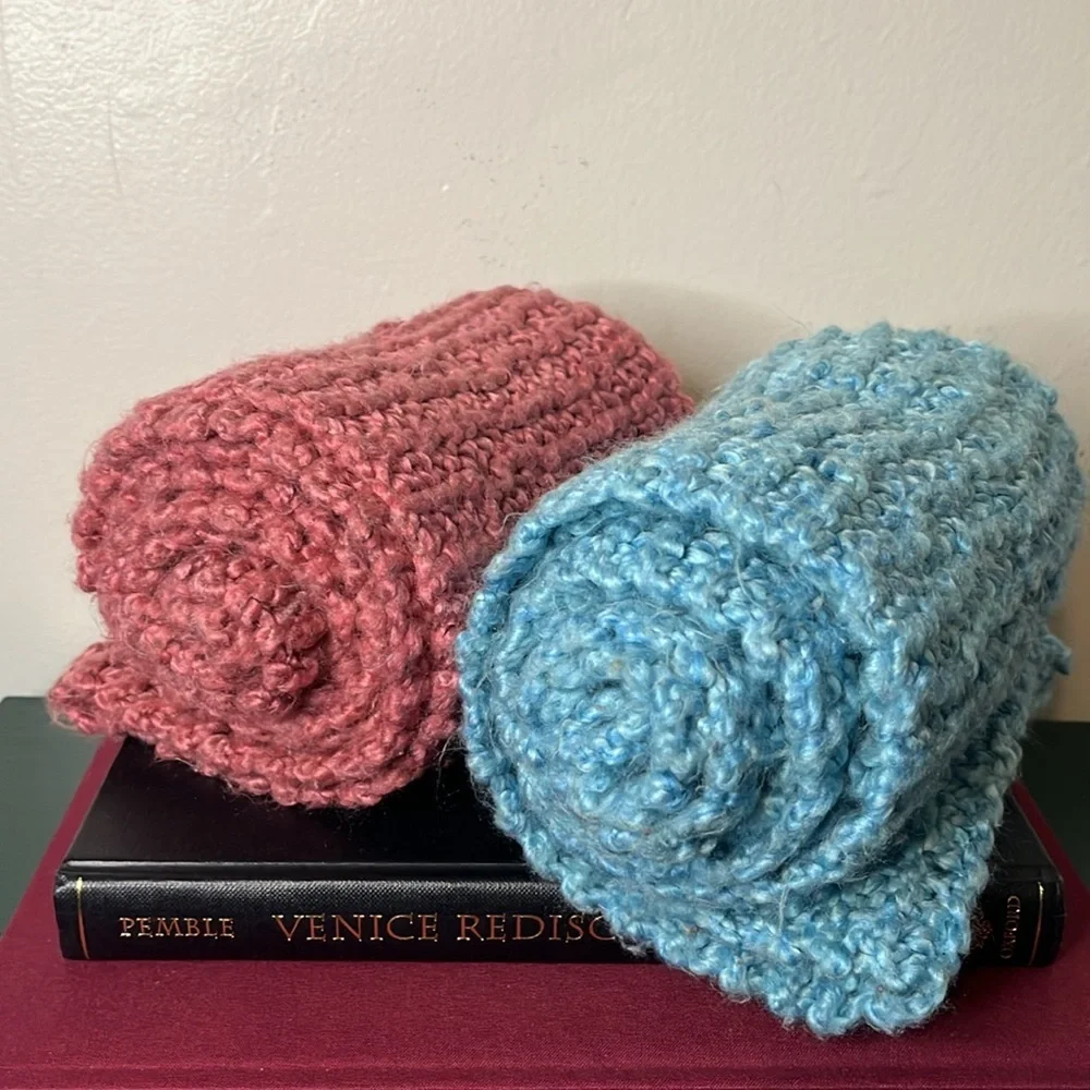 Handmade Knit Blue and Pink Super‎ Soft Cozy Pair of Scarves